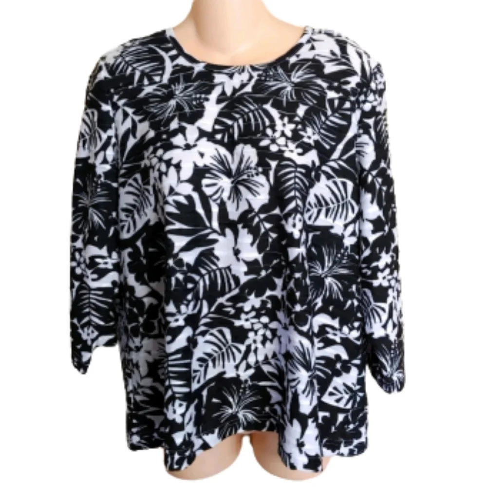 Rebecca Malone Black and White Tropical Print Soft Feel Top Size Women's XL